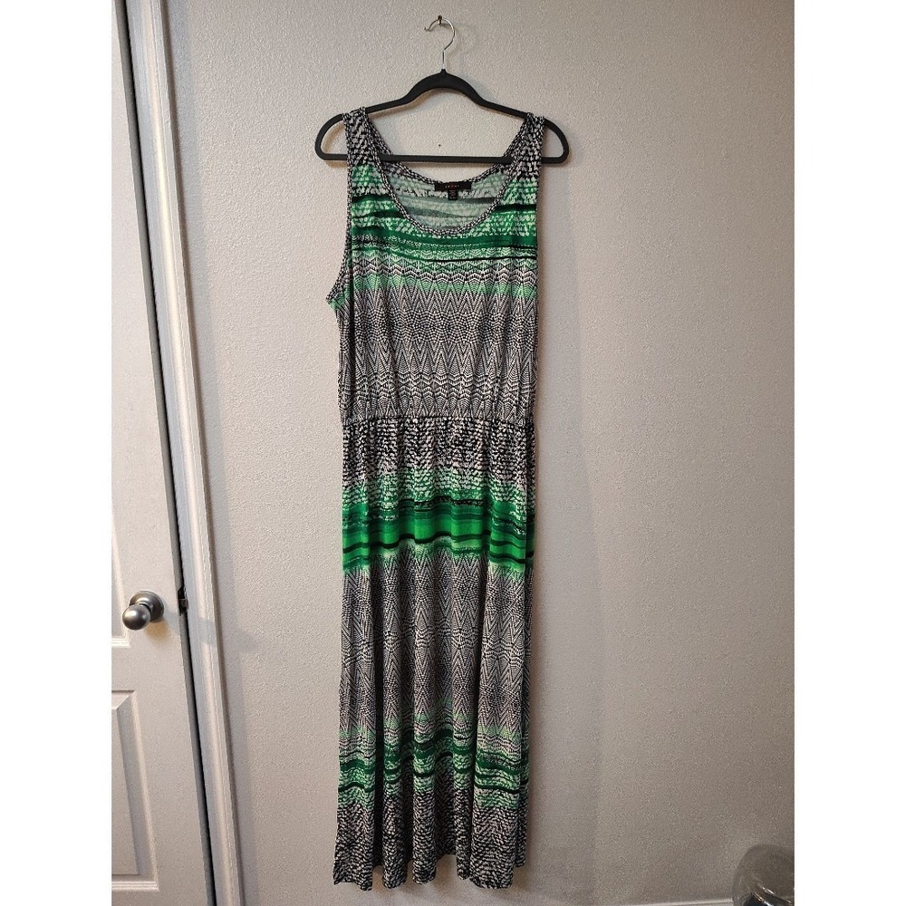 Fever Womens XL Green Black Geometric Chevron Stripe Sleeveless Maxi Dress